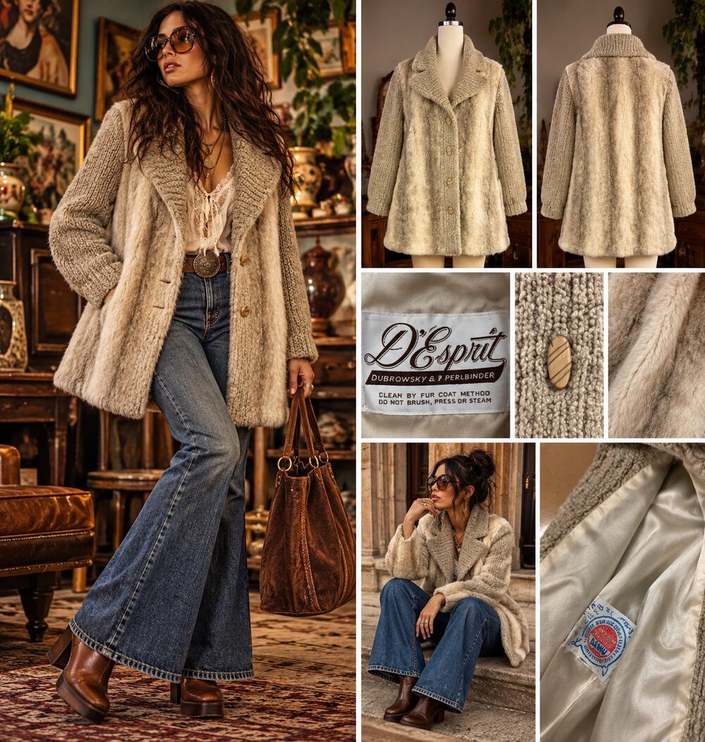 Vintage 70s D'Esprit Dubrowsky Perlbinder Faux Fur Knit Sleeve Coat Union Made